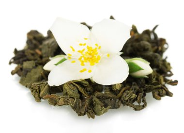 güzel Yasemin çiçeği ve kuru yeşil çay üzerinde beyaz izole
