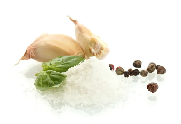 盐与新鲜罗勒、 大蒜和辣椒上白色隔离 — 图库照片