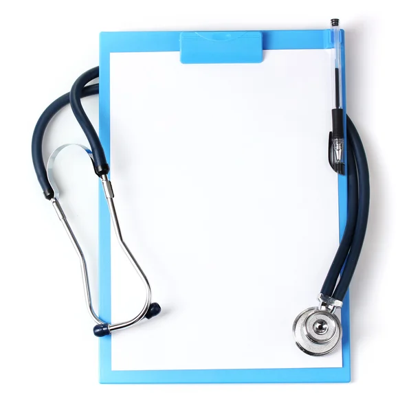Stethoskop und blaues Klemmbrett isoliert auf weiß — Stockfoto