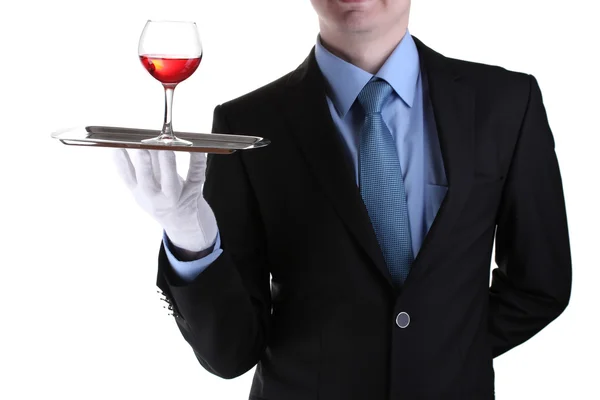 실버 트레이 흰색 절연에 와인 한 잔 함께 공식 웨이터 — 스톡 사진