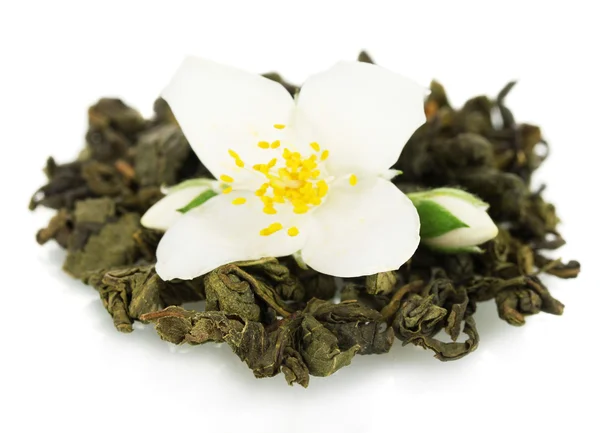 stock image Beautiful jasmine flower and dry green tea isolated on white