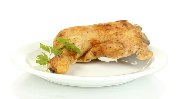 Cuisse de poulet rôtie avec persil dans la plaque isolée sur blanc — Photo