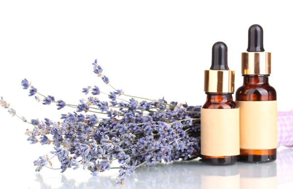Lavender flowers and aroma oils isolated on white — Stock Photo, Image