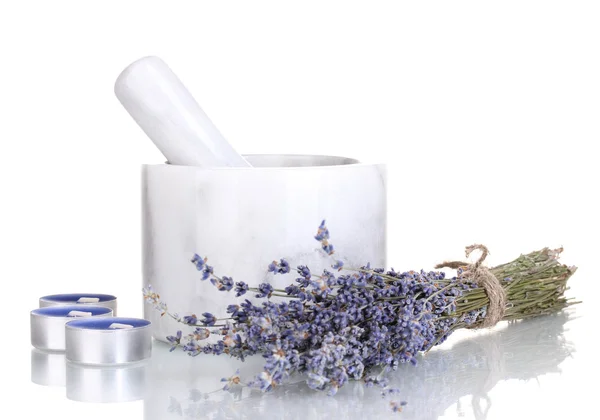 Lavender flowers with mortar and candles isolated on white — Stock Photo, Image
