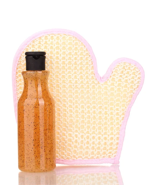 Botella con exfoliante y esponja aislada en blanco —  Fotos de Stock
