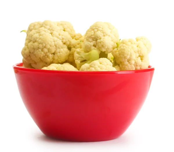 Fresh cauliflower in bright bowl isolated on white — Stock Photo, Image