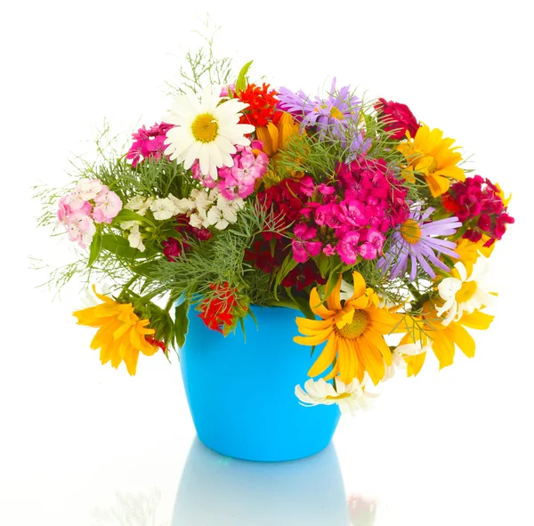 Beautiful bouquet of bright wildflowers in flowerpot, isolated on white Stock Picture