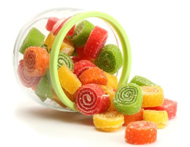 Colorful jelly candies in glass jar isolated on white clipart