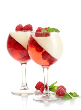 Fruit jelly with raspberries in glasses isolated on white clipart