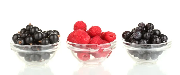 Свежие ягоды в прозрачных чашах, изолированных на белом — стоковое фото
