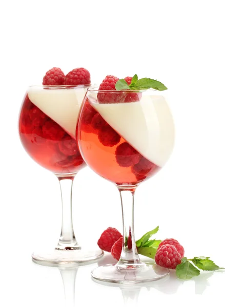 Fruit jelly with raspberries in glasses isolated on white — Stock Photo, Image
