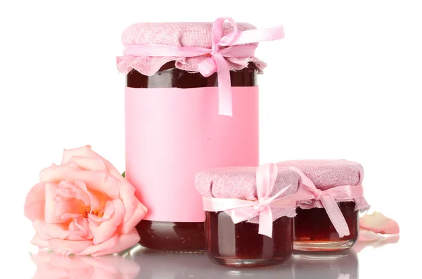 Jars with rose jam and flower isolated on white — Stock Photo, Image