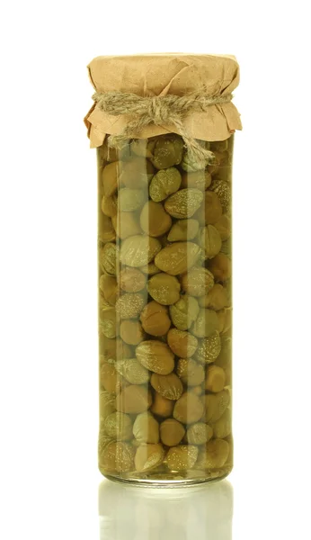 玻璃罐用镀锡刺山柑上白色隔离 — 图库照片