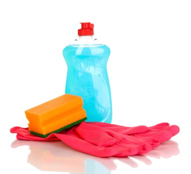 Dishwashing liquid with gloves and sponge isolated on white clipart