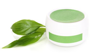 Jar of cream with green leaves isolated on white clipart