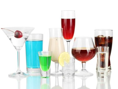 A variety of alcoholic drinks isolated on white clipart