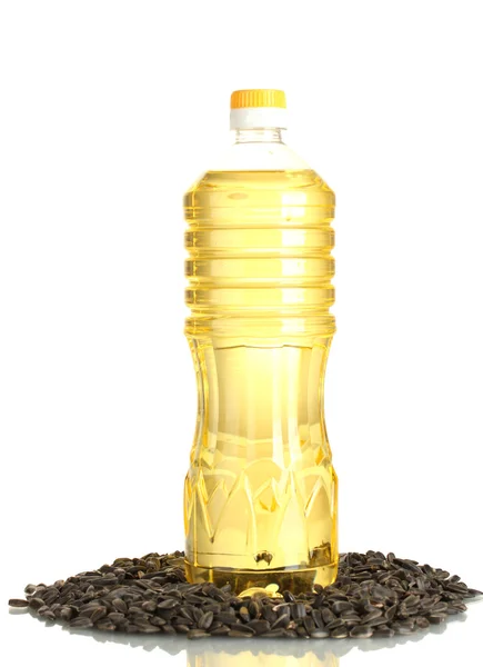 Olej słonecznikowy z nasion słonecznika na białym tle — Zdjęcie stockowe