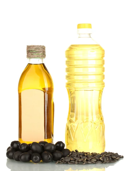 Azeite e óleo de girassol nas garrafas isoladas em branco — Fotografia de Stock