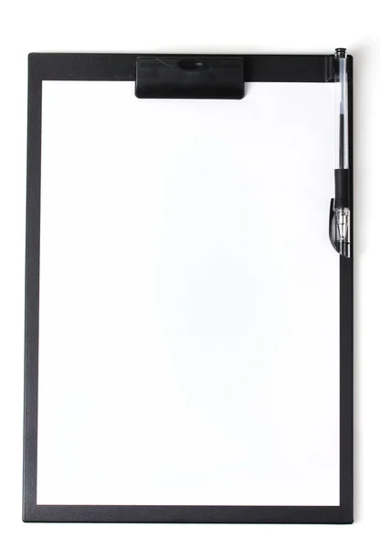 Klembord met blanco papier en pen geïsoleerd op wit — Stockfoto