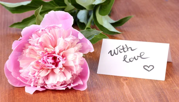 Pink peony with card on wooden background — Stock Photo, Image