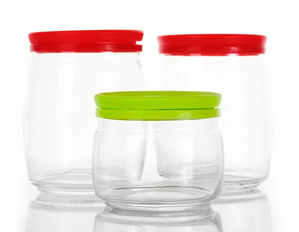 Bright empty jars isolated on white — Stock Photo, Image