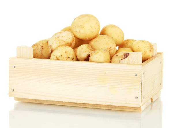 Mladí brambory v dřevěné krabici izolovaných na bílém detail — Stock fotografie