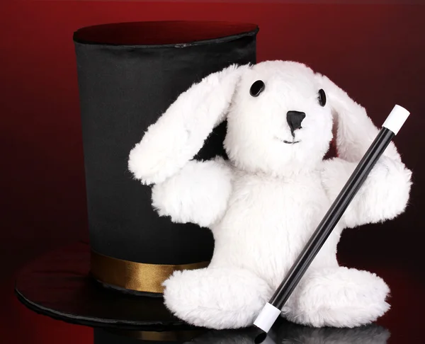 Bunny and black cylinder on red background — Stock Photo, Image