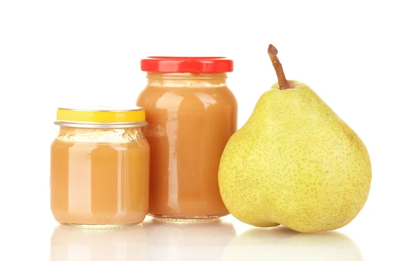 Gyümölcs bébiétel és elszigetelt fehér pear üvegek — Stock Fotó