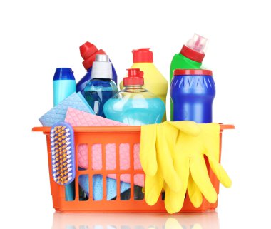 Cleaning items in plastic basket isolated on white clipart