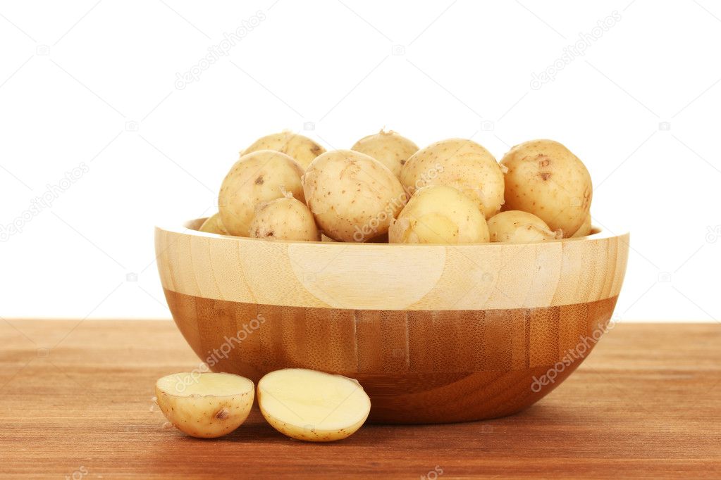 Young potatoes in a wooden bowl on a table on white background