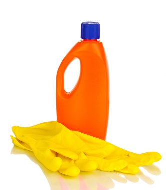 Detergent and gloves isolated on white clipart