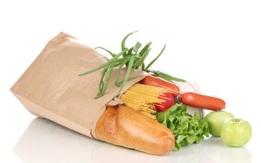 Paper bag with food isolated on white clipart