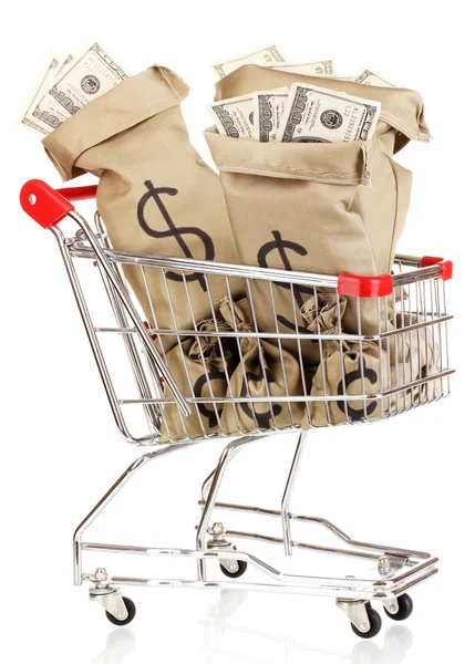 Sacos com dinheiro em carrinho isolado em branco — Fotografia de Stock
