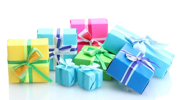 Bright gifts with bows isolated on white — Stock Photo, Image