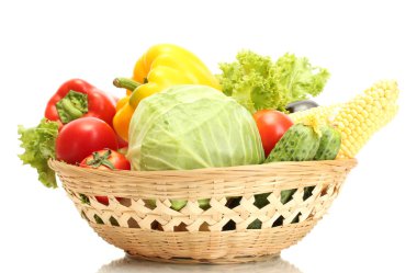 Fresh vegetables in basket isolated on white clipart