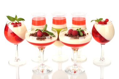 Fruit jelly with chocolate and pberries in glasses isolated on white clipart