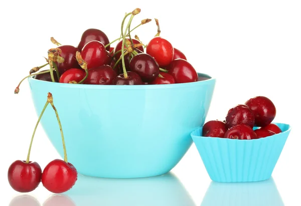 Bowl and cutter with cherries isolated on white — Stock Photo, Image