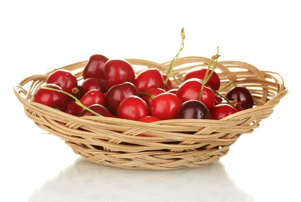 Cherry in wicker bowl isolated on white — Stock Photo, Image