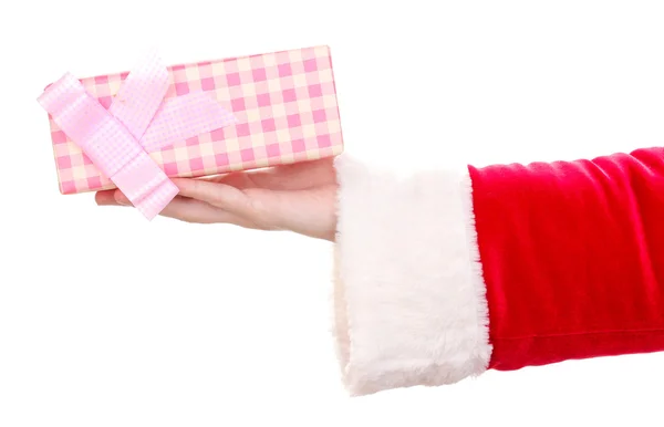 Papai Noel mão segurando caixa de presente isolado no branco — Fotografia de Stock