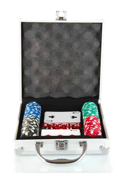 Jeu de poker en étui métallique isolé sur fond blanc — Photo