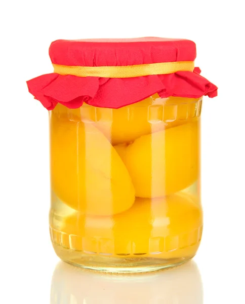 Jar with canned peaches isolated on white — Stock Photo, Image