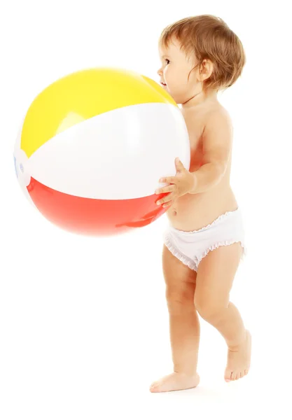 Cute baby with ball isolated on white — Stock Photo, Image