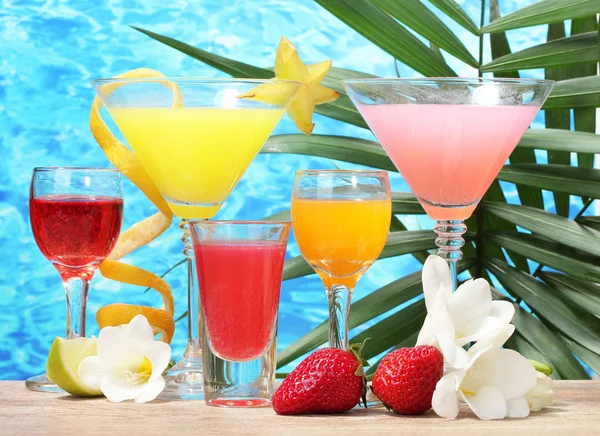 Eksotiske cocktails og blomster på bordet på blå hav baggrund - Stock-foto