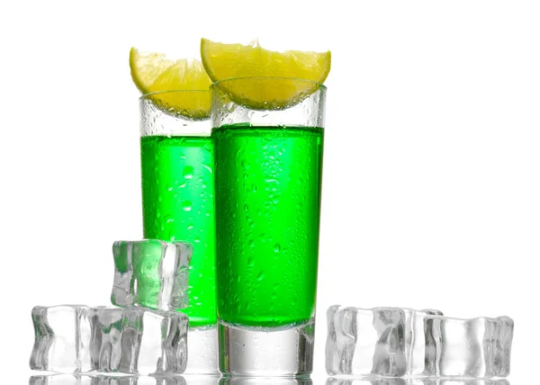 Glasses of absinthe, ice and lime isolated on white — Stock Photo, Image