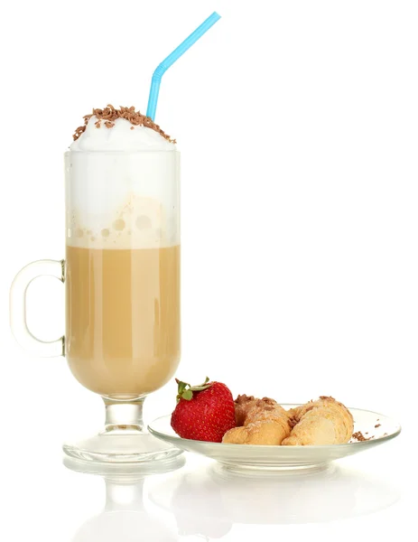 Glass of coffee cocktail with croissants and strawberry on saucer isolated on white — Stock Photo, Image