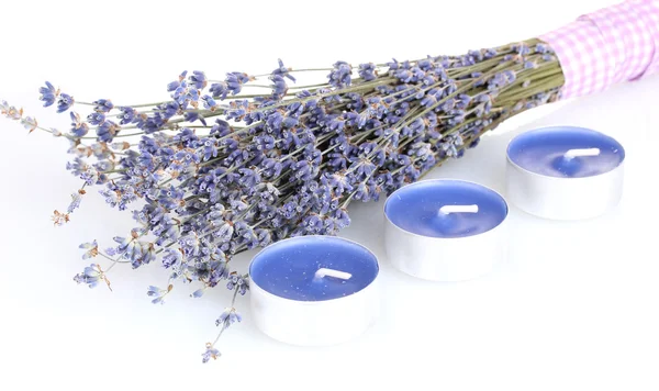Lavender flowers and candles isolated on white — Stock Photo, Image