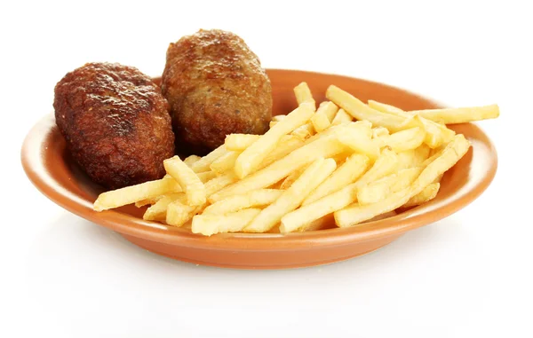 Potatis pommes frites med hamburgare i plattan isolerad på vit närbild — Stockfoto
