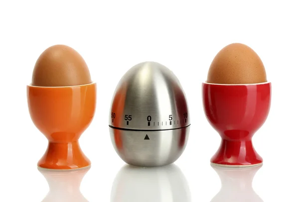Χρονόμετρο αυγό και το αυγό στο περίπτερο χρώμα που απομονώνονται σε λευκό — Φωτογραφία Αρχείου