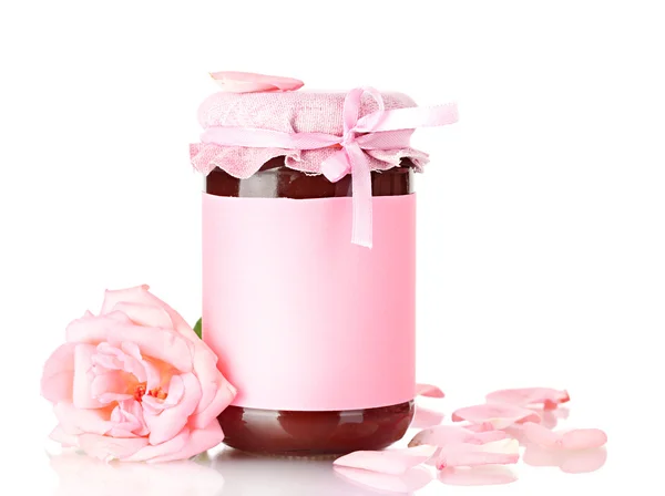 Jar with rose jam and flower isolated on white — Stock Photo, Image