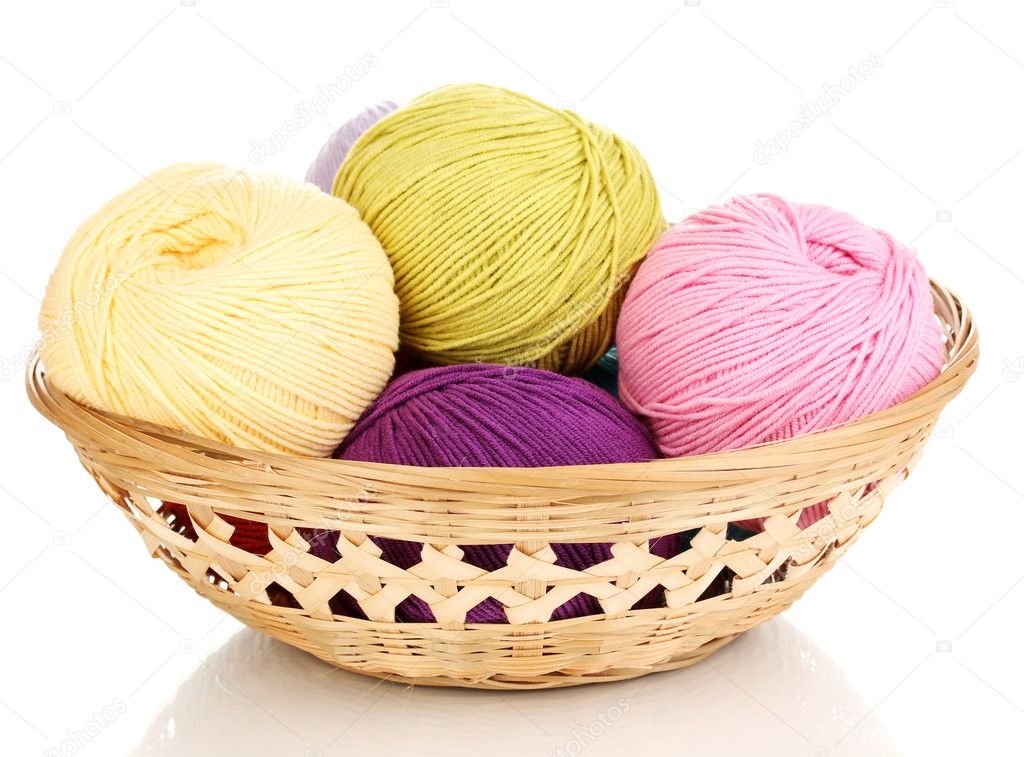 Knitting yarn in basket isolated on white